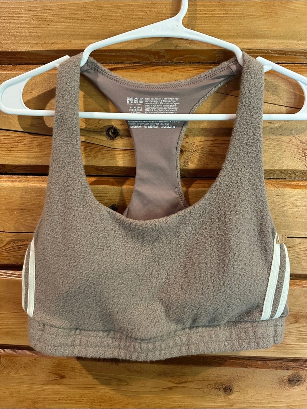 PINK Victoria's Secret Taupe Fleece Racerback Bralette with Cream Stripes